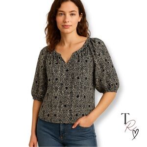 GAP Black & White Boho Floral Metallic Print Puff Sleeve Blouse Size Large